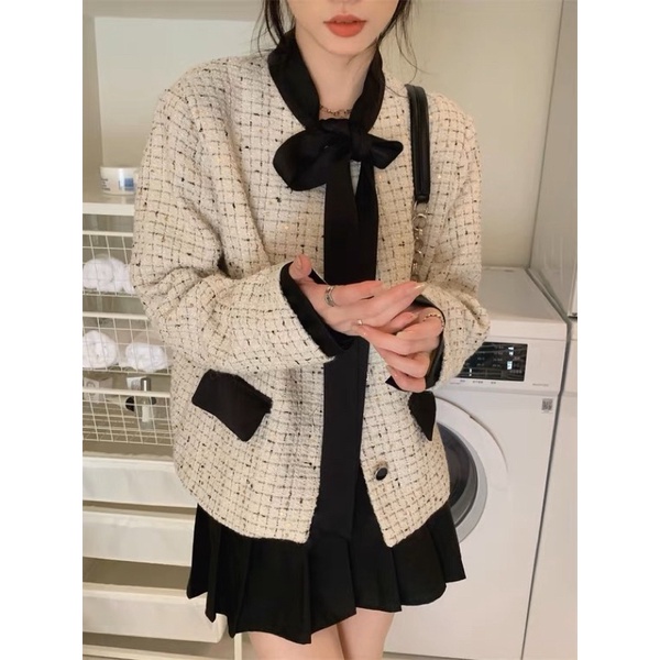 Áo khoác dạ vải tweed thắt nơ nữ tính phong cách Hàn Quốc 2022