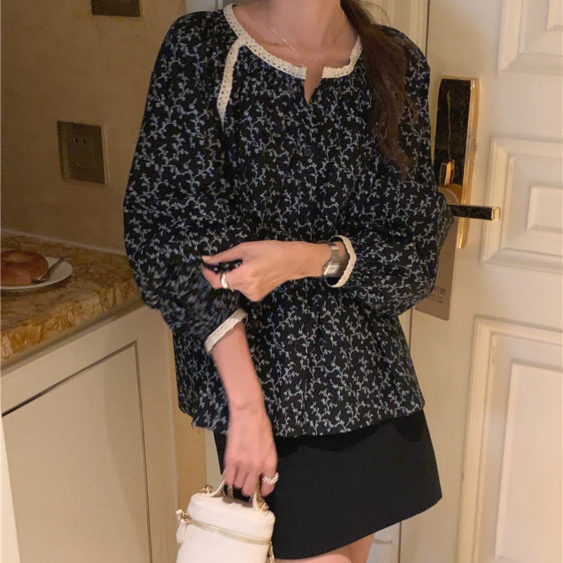 Áo sơ mi SUXI tay dài dáng rộng họa tiết hoa cổ điển phong cách Hàn Quốc thời trang dành cho nữ