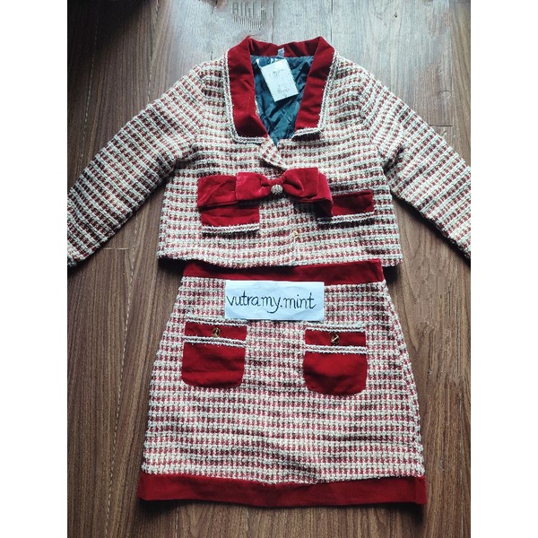 Set Dạ Tweed Kẻ Đỏ Hàng Quảng Châu Cao Cấp Dày Dặn May Sợi Kim Tuyến Lấp Lánh Kèm Nơ