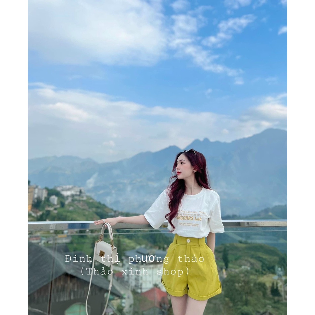[10.10 Sales Freeship] Set bộ đùi nữ đi chơi, set áo thun trắng in chữ phối quần short đùi màu vàng lưng cao xinh xắn dx