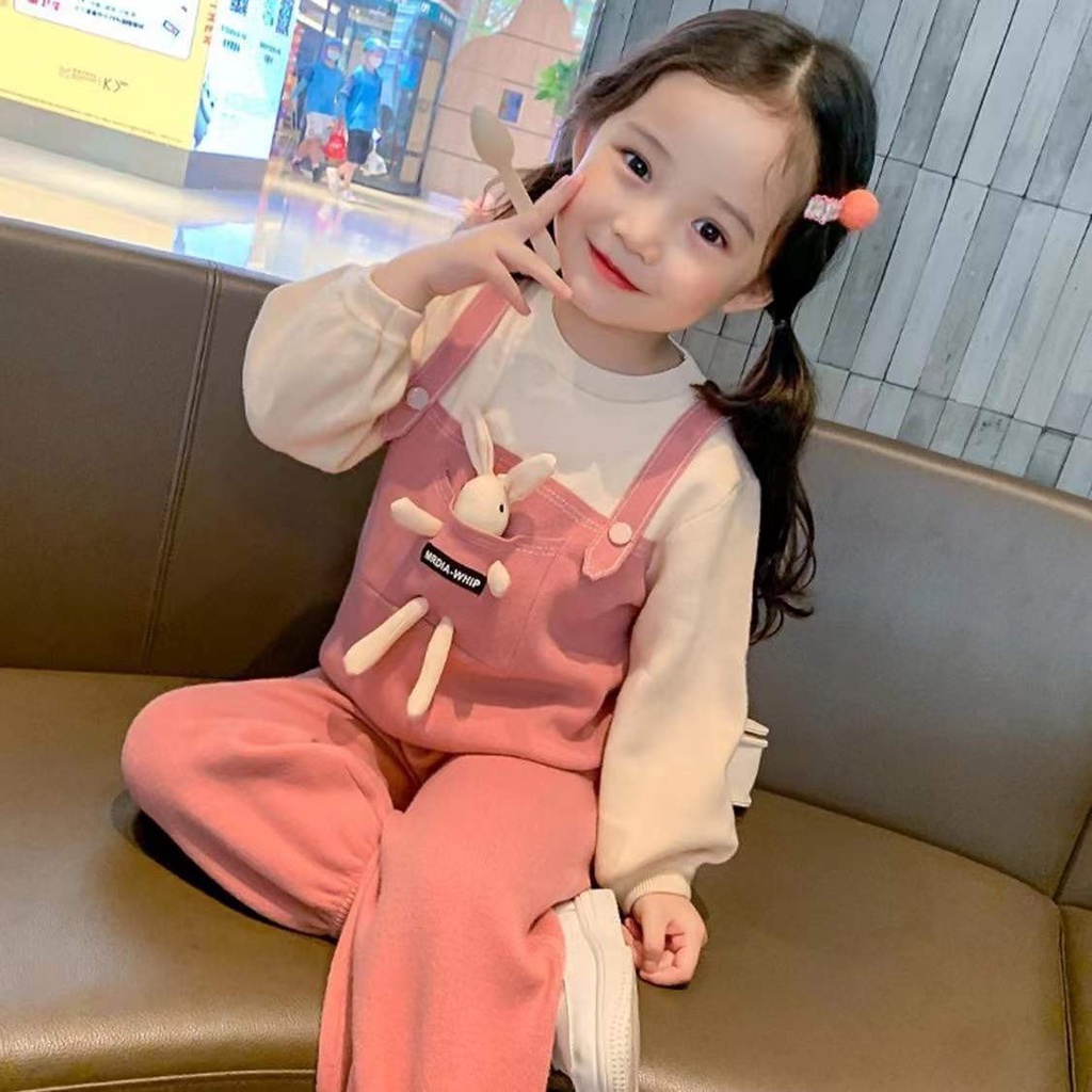 Aiyaya set Áo Thun Tay Dài Hình Thỏ Hoạt Hình 3D + Quần Dài Cho Bé Gái