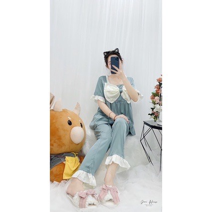 Đồ Ngủ Pijama Nữ,Đồ Bộ Nữ,tiểu thư phối màu nơ cổ vuông quần dài-áo tay ngắn