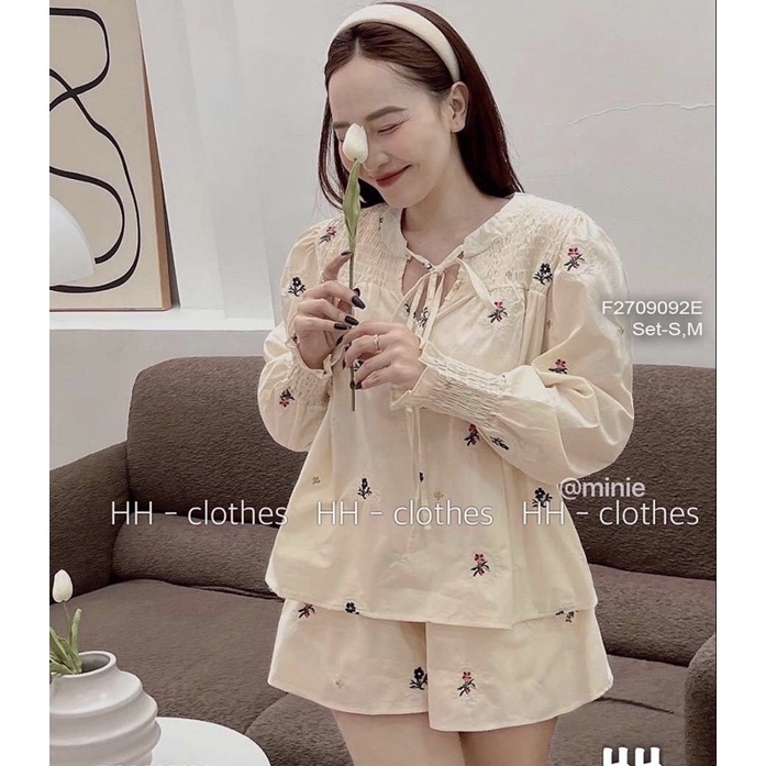 Set thô áo cổ thắt nơ dài tay hoa nhí chun thun kèm quần ngắn TT2709