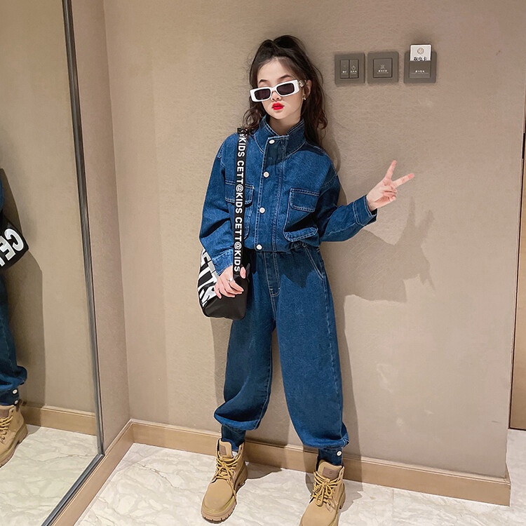Bộ Áo Khoác Denim Tay Dài Kèm Quần Dài Thời Trang Mùa Thu Cho Bé Gái 5-6 Tuổi 6-7 Tuổi 7-8 Tuổi 8-9 Tuổi 9-10 Tuổi Giày Thời Trang Cho Bé Từ 10-11 Tuổi 11-12 Tuổi 12-13 Tuổi 13-14 Tuổi