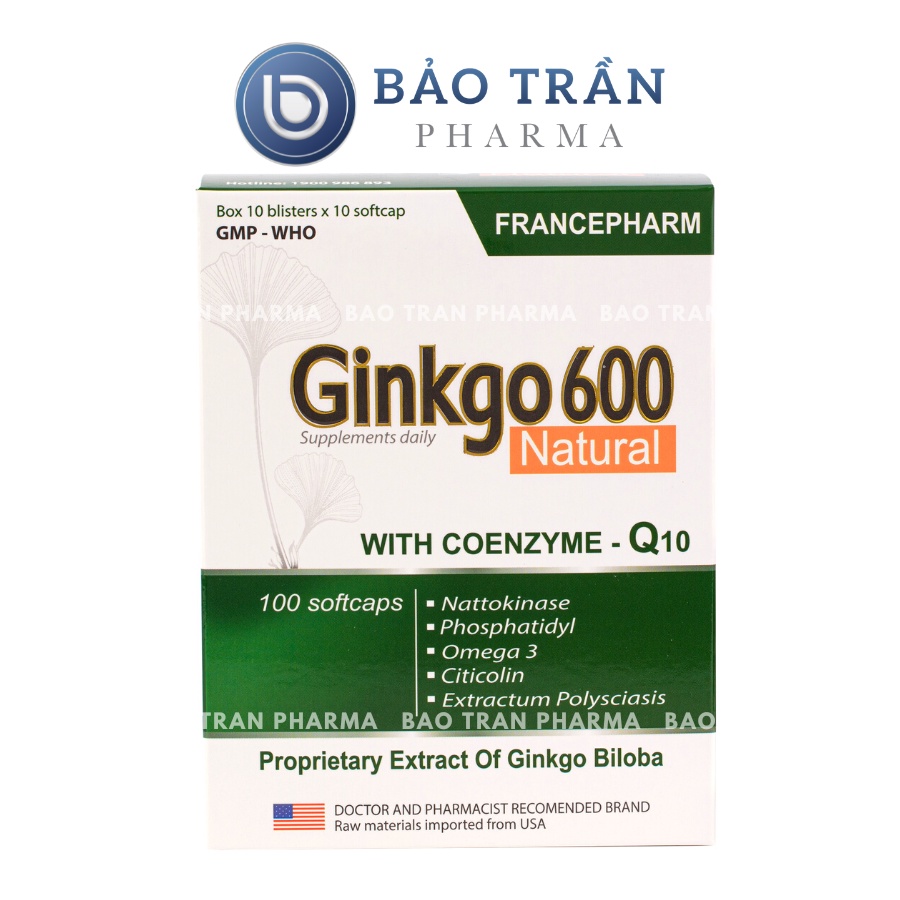 Viên uống bổ não Ginko 600 bổ sung ginko bilona, coenzym Q10 hỗ trợ giảm đâu đầu, mất ngủ, giảm tai biến mạch máu não (H