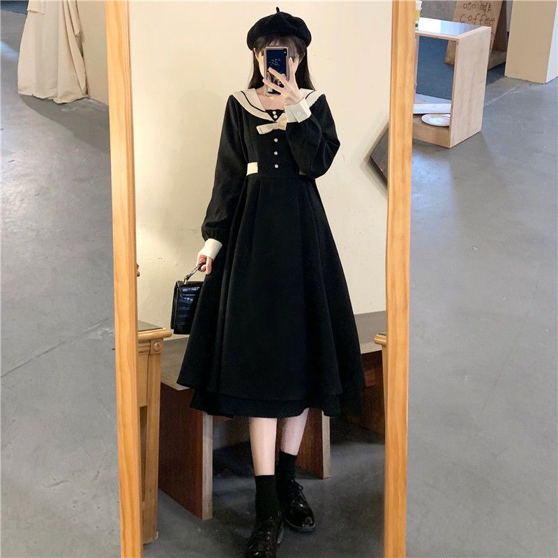 Váy babydoll Đầm Chữ A Cổ Thủy Thủ Dáng Rộng Phong Cách Hepburn Hàn Quốc Cho Nữ