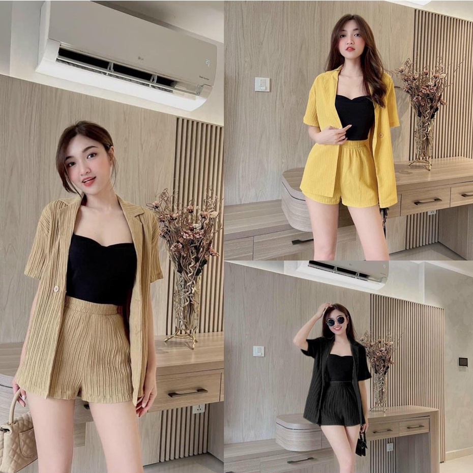Sét bộ 3 món đũi xốp phối áo kiểu duyên dáng thời trang nữ stclothing