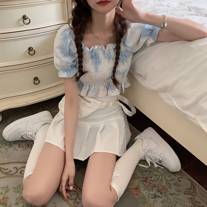 Áo croptop BH tay ngắn cổ vuông họa tiết màu nhuộm phong cách Pháp thời trang cho nữ