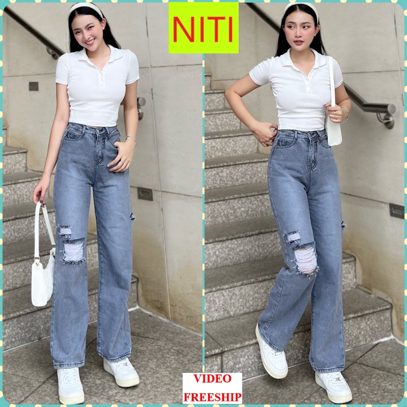[ORNY85] QUẦN JEANS ỐNG RỘNG NỮ LƯNG CAO RÁCH 2 MẢNG GỐI PHẢI RÁCH BE TRÁI CAO MÀU XÁM NHẠT LAI CUỐN XỊN SÒ
