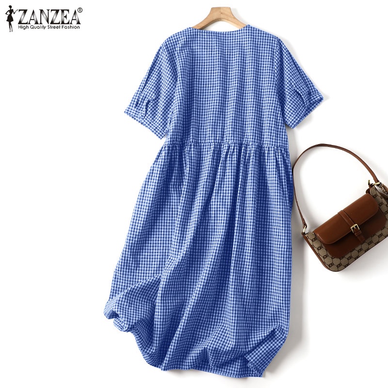 Đầm ZANZEA tay ngắn cổ chữ V dáng rộng họa tiết ca rô thời trang dành cho nữ