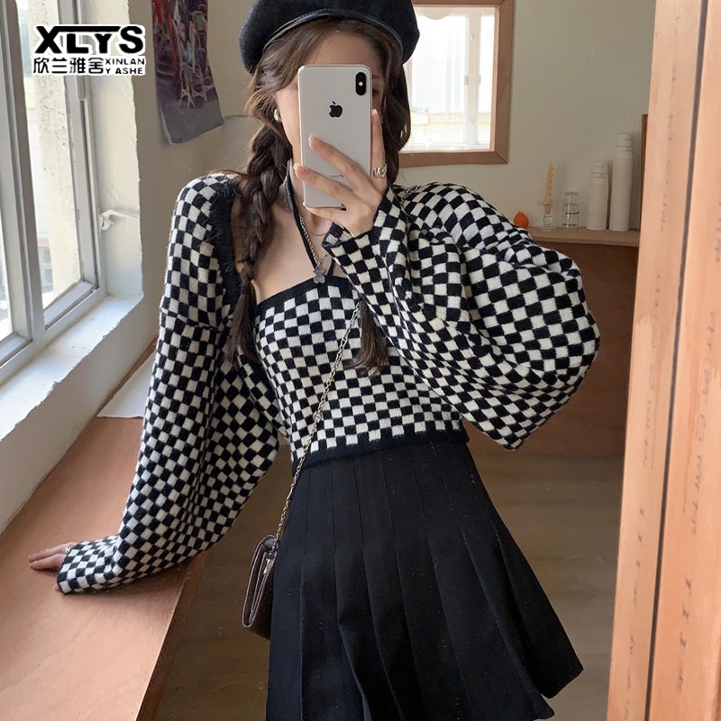 Áo sweater XINLANYASHE hai dây kẻ caro trắng đen retro mùa thu + áo khoác cardigan dệt kim cho nữ