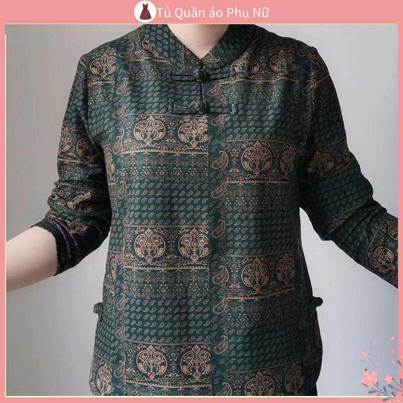 O Cung Ni nu nu nu nu nu nu Áo Sơ Mi Nhỏ Tay Dài Che Bụng Có Nút Phong Cách trung Hoa Cổ Điển Thu Đông Cho Phụ Nữ trung Niên