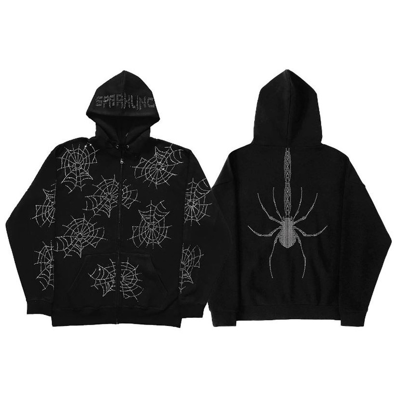 Áo Khoác Hoodie Có Khóa Kéo Ngoại Cỡ In Hình Mạng Nhện Đính Đá Kiểu Vintage Đường Phố Gothic Harajuku Y2k Grunge Cho Nam Và Nữ