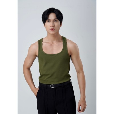 Áo Thun Ba Lỗ Tank Top Nam Màu Xanh Rêu Cổ Vuông Cotton Gân Thương Hiệu Mr Twins