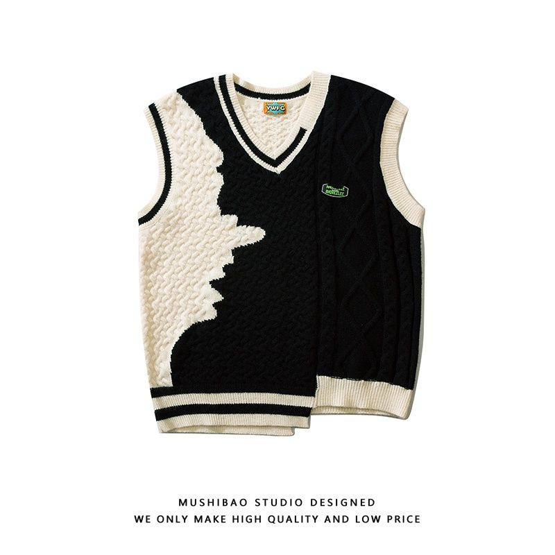 Áo Sweater Dệt Kim Sát Nách Màu Sắc Tương Phản Phong Cách Hip Hop Thời Trang Mùa Thu Cho Nam Và Nữ