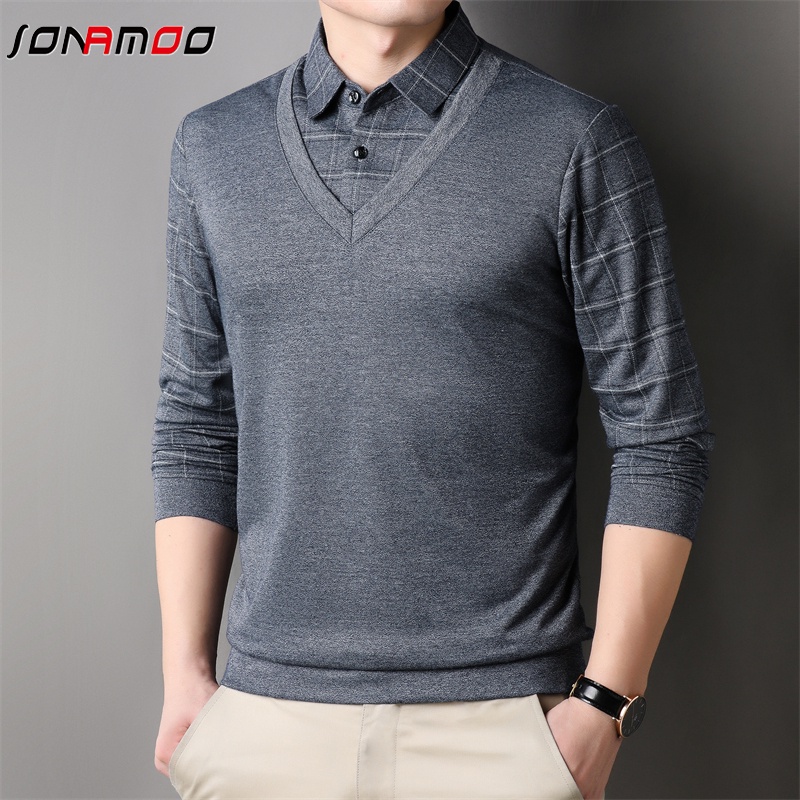 Áo Thun Nam Dài Tay Cổ Bẻ Giả Hai Lớp Màu Sắc Thời Trang
