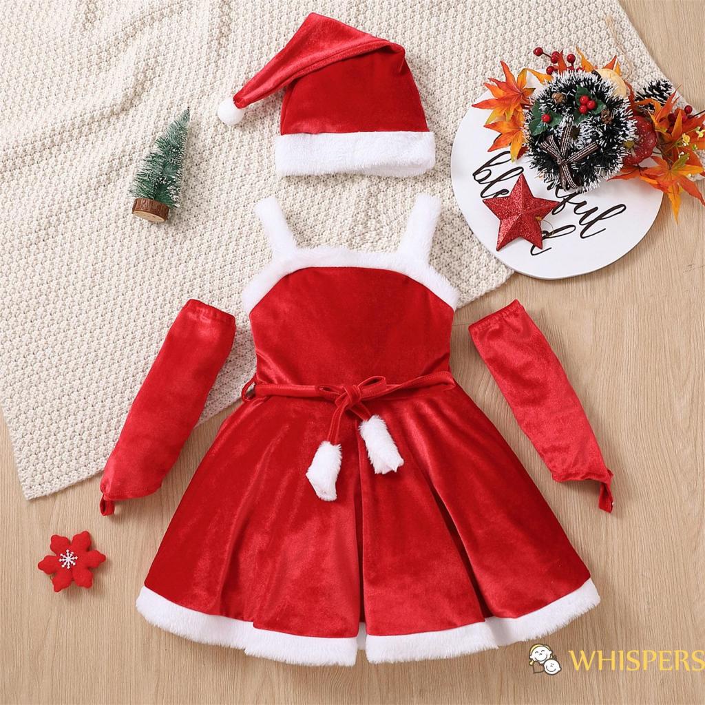 Bộ Đầm + Găng Tay + Mũ Hóa Trang Ông Già Noel Cho Bé Gái