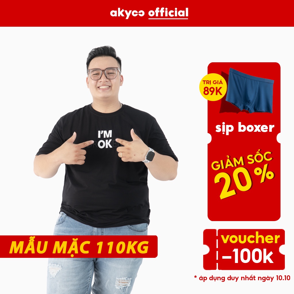 Áo Thun Bigsize Nam 80-140kg AKYOO họa tiết thêu chữ, vải Cotton Co giãn, Bền màu, Thấm hút mồ hôi - AT DEN OK