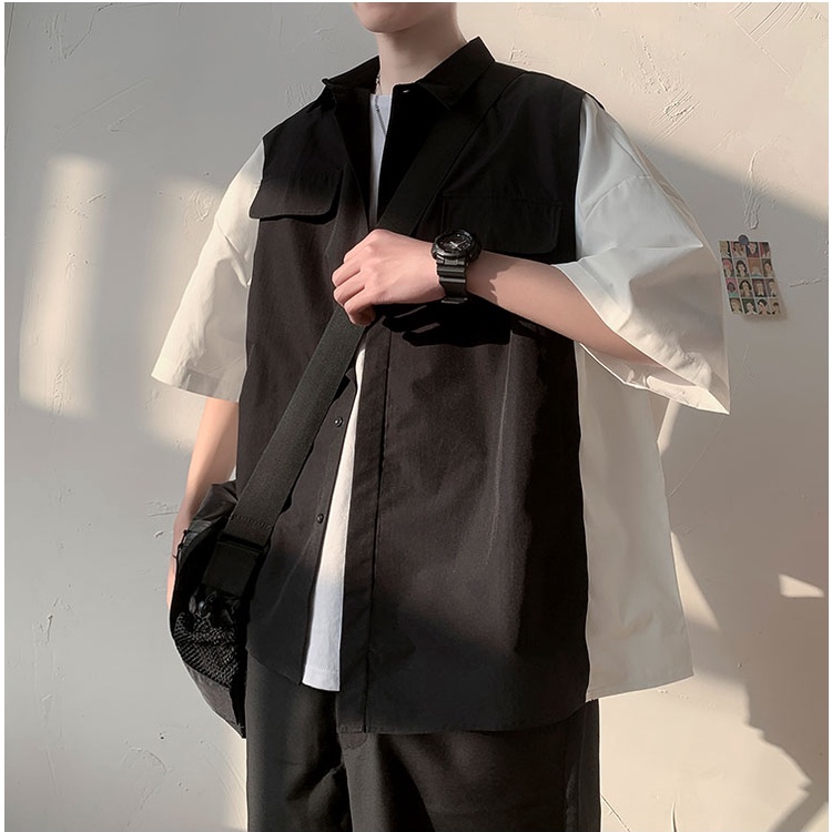 Áo Sơ Mi Nam Tay Lỡ Form Rộng Phối 2 Màu; Khoác Sơ Mi Nam Nữ Vải Kate Hàn Đẹp