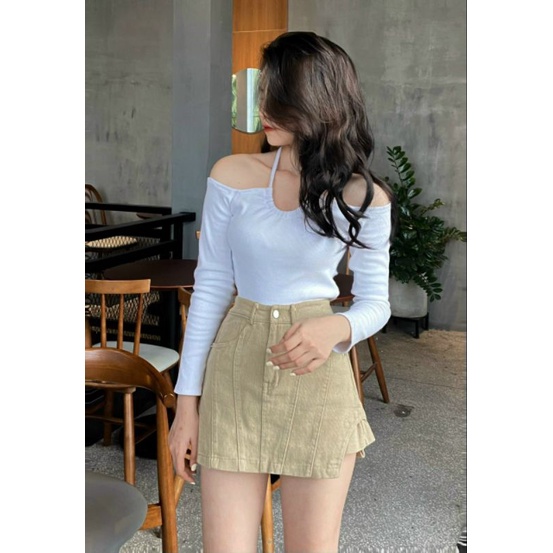 Áo kiểu trễ vai phối dây rút - Áo dài tay Croptop dây yếm tiểu thư CRT11