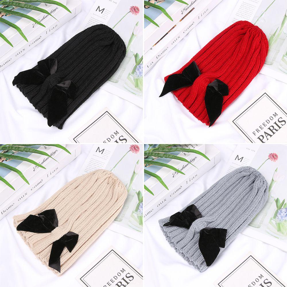 OKDEALS Mũ Len Màu Trơn Đính Nơ Thời Trang Cho Nữ