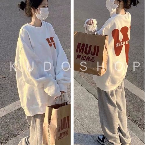 Set áo sweater W kèm quần jogger lưng thun KUDOSHOP Áo nỉ cổ tròn form rộng ulzzang Hàn Quốc