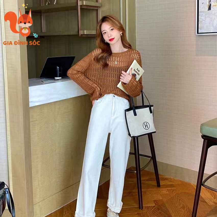 Áo Sweater dệt kim mỏng tay dài, dáng rộng phong cách Hàn Quốc