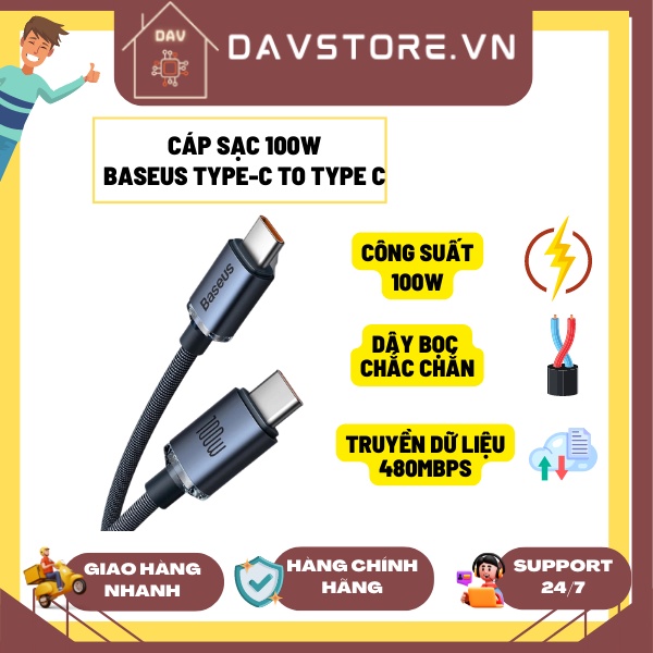 Cáp sạc nhanh Baseus Type-C to Type-C 100W dài 1.2m - Sạc được Macbook, Laptop Type C