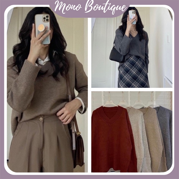 Áo len trơn cổ V dáng rộng chất đẹp ulzzang hàn quốc - Mono Boutique