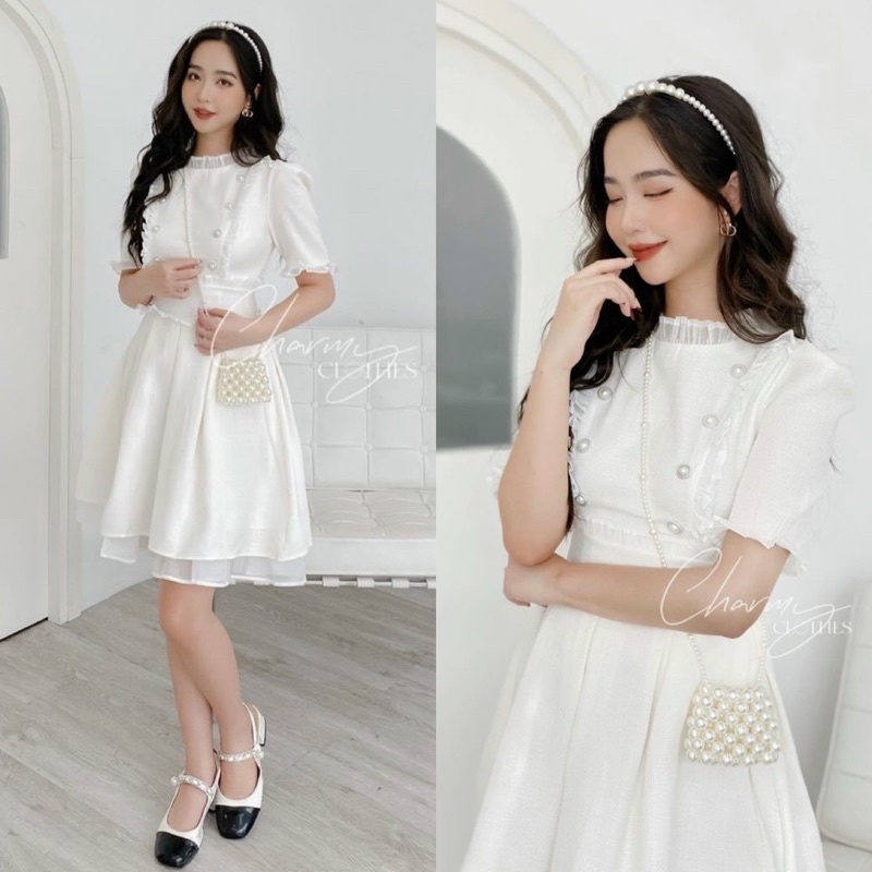 Đầm bố trắng đính nút ngọc tay bồng/phồng, váy xoè nhẹ đơn giản sang trọng kín đáo, thời trang đi chơi dạo phố dự tiệc