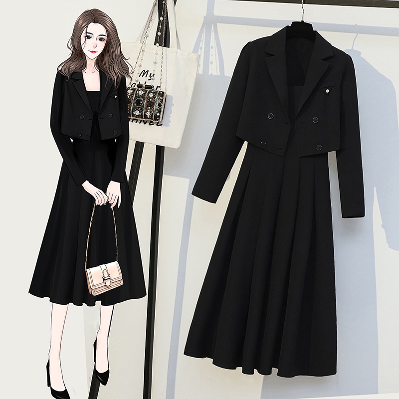 🌸Hàng Order🌸 Váy Đầm Bigsize Sét Áo Vest Phối Cúc Kết Hợp Váy 2 Dây Xếp Ly Xoè Thanh Lịch🌸Hàng Quảng Châu