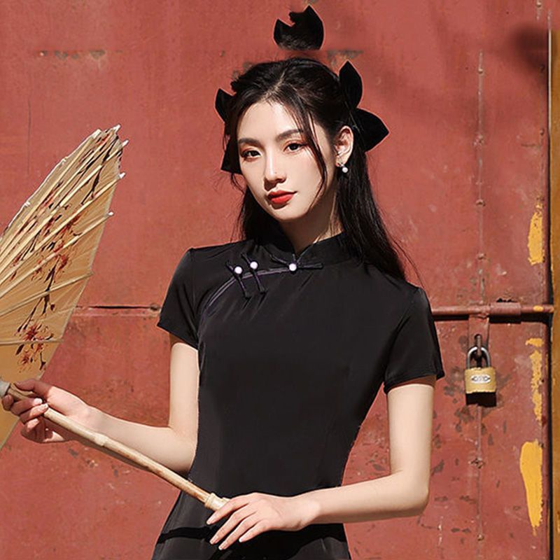 Đầm Sườn Xám Cách Tân Tay Ngắn Màu Đen Phong Cách Retro Thời Trang 2023 Cao Cấp