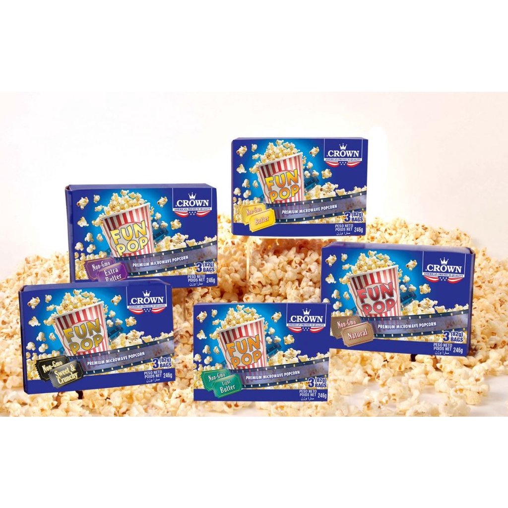 Bắp rang bơ Crown của Mỹ hộp 240g (80g x 3 bịch) - vị bơ / ngọt / tự nhiên - Crown Popcorn. date 04/2024