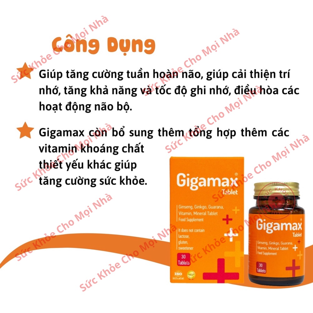Gigamax.Viên uống bổ não bổ sung vitamin khoáng chất tăng cường tuần hoàn não cải thiện trí nhớ lọ 30 viên