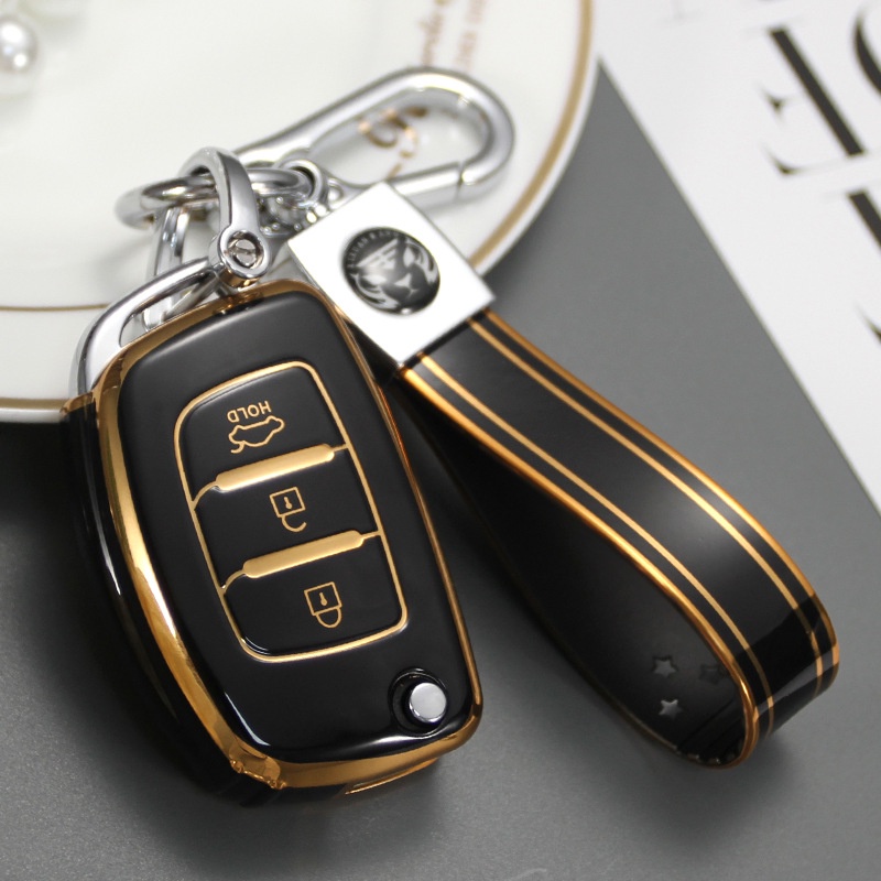 Ốp chìa khóa TPU mạ vàng - đen xe ô tô HYUNDAI Accent, i10, Elantra phiên bản chìa bật (có chìa)