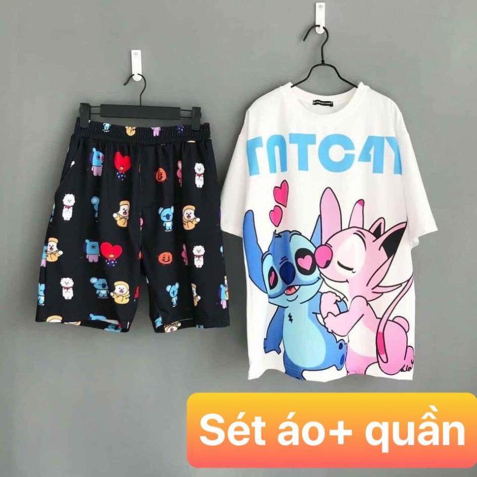 Set Đồ Bộ Stitch cartoon 3D Cute DB08-Lapi VN Áo+ Quần Đùi màu đen Vải Thun Cotton Thoáng Mát, Freesize