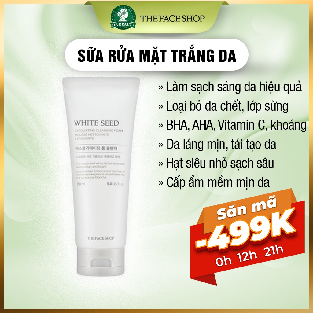 Sữa rửa mặt trắng da The Face Shop Hàn Quốc dưỡng cấp ẩm sạch sâu White Seed Exfoliating Foam Cleanser 150ml Hà Beauty