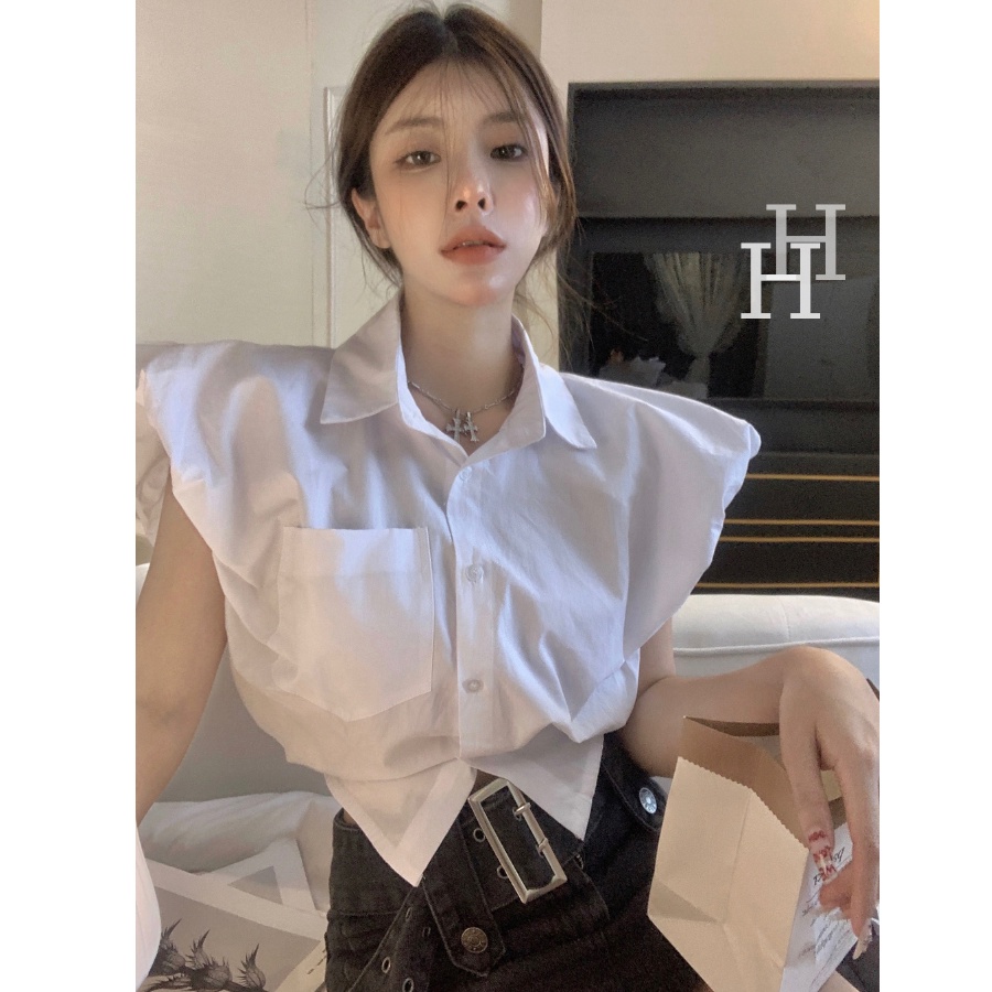 Áo sơ mi croptop HAC146 tay ngắn độn vai màu trắng Hỉn Hỉn Store