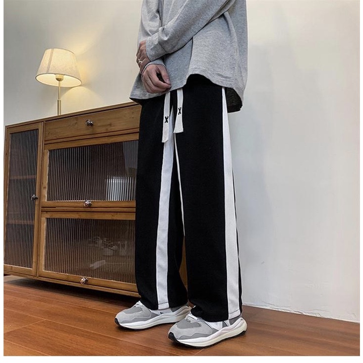 Quần Ống Suông Unisex Phối Sọc Đen Trắng⚡️ FRESHIP ⚡️ Chất liệu vải cotton dệt tổ ong dày dặn mềm mại không bai xù