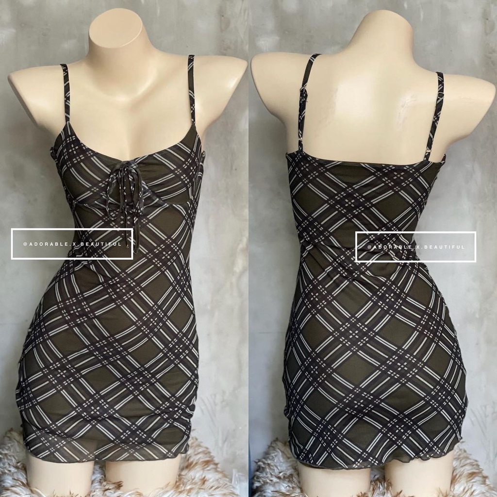 Đầm Hai Dây Caro, Đầm Body 2 Dây Màu Rêu Họa Tiết Phong Cách Ulzzang Hot Trend