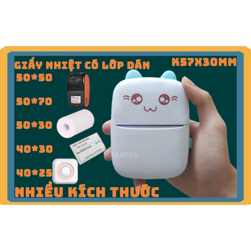 Giấy in nhiệt dán được cho máy in bluetooth mini cầm tay,máy in con mèo, máy Peripage, máy PT210...