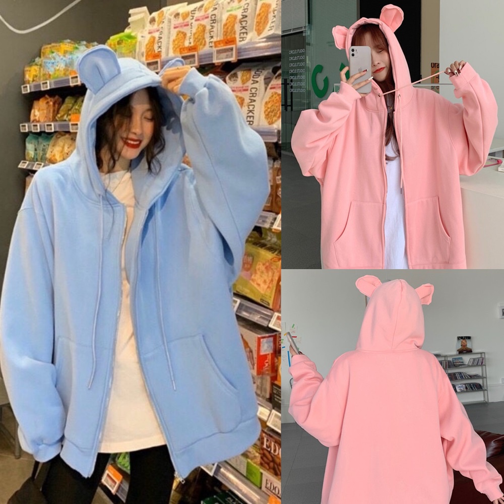 Áo khoác nỉ nữ AK022 form rộng hoodie zip cute áo hoodie có mũ tai gấu thỏ Dễ Thương Phong Cách Thu Đông