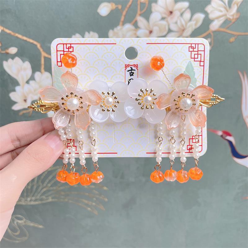1 Cặp Trâm Cài Tóc Đính Hoa / Trái Cây / Tua Rua Phong Cách Trung Hoa Cổ Điển Cho Bé Gái
