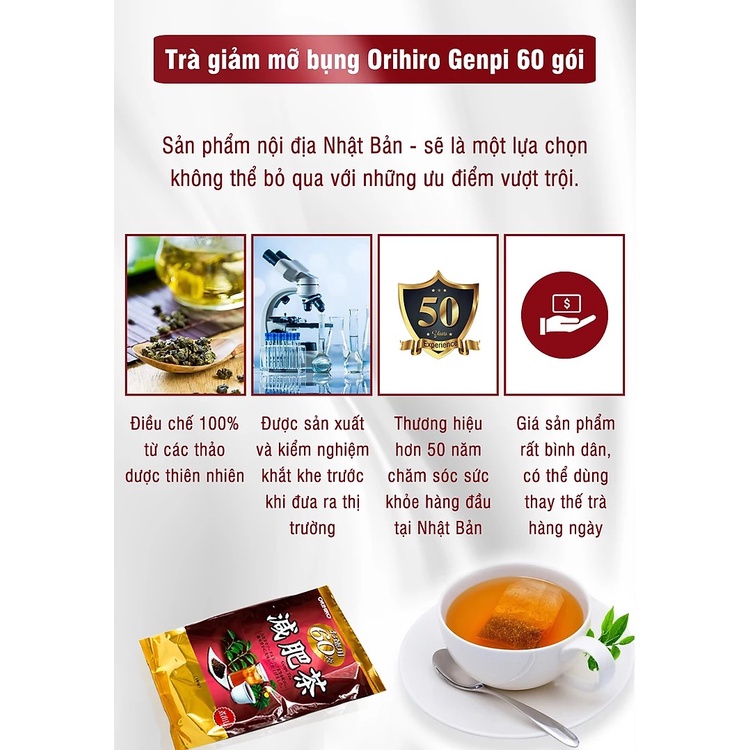 Trà giảm mỡ bụng Genpi Orihiro Nhật Bản hỗ trợ giảm béo, mỡ bắp tay và đùi, chống oxy hoá gói 60 túi lọc