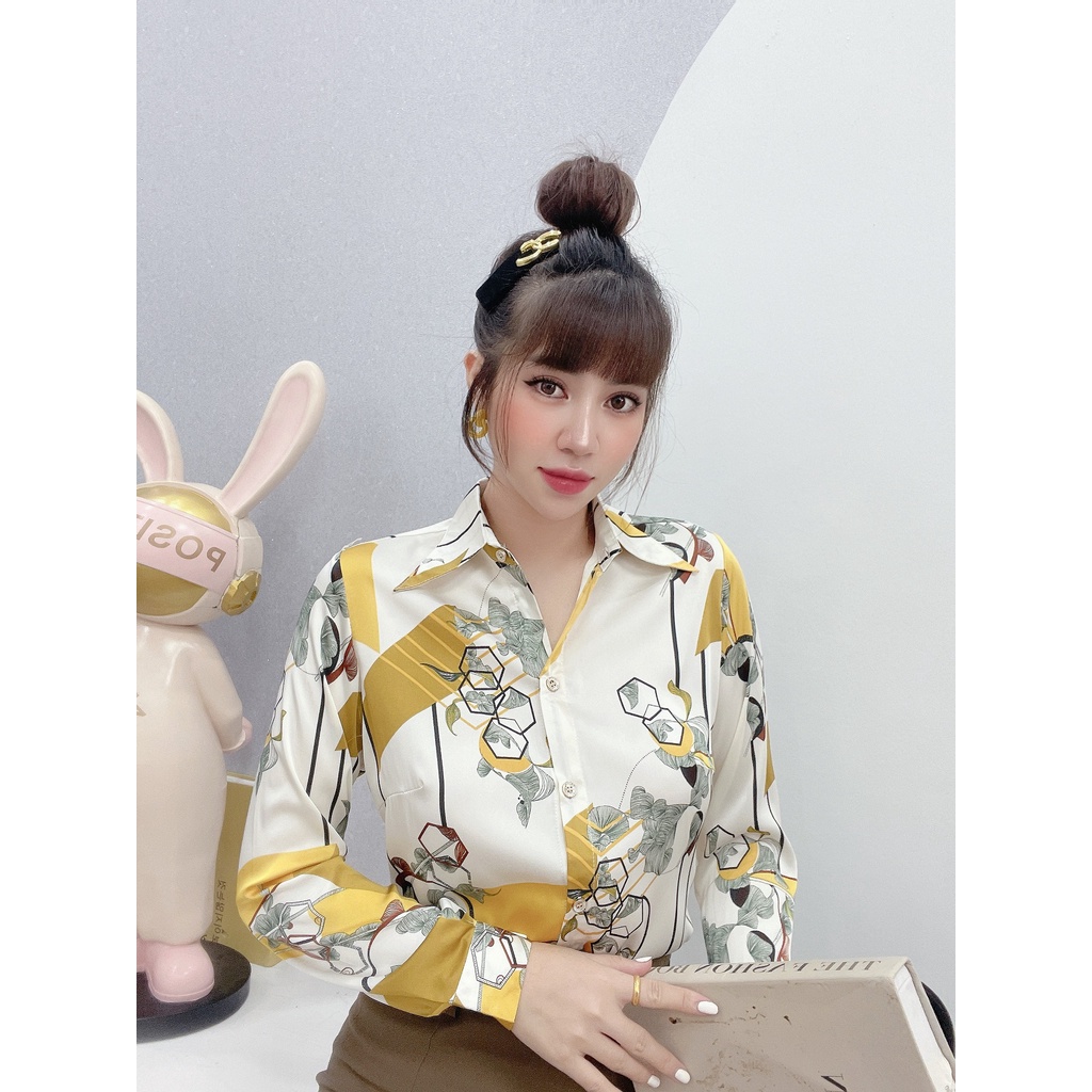 Áo sơ mi nữ lụa dài tay cao cấp công sở họa tiết hoa đá vệt vàng nền trắng sữa, áo sơ mi họa tiết thiết kế MQ Boutique