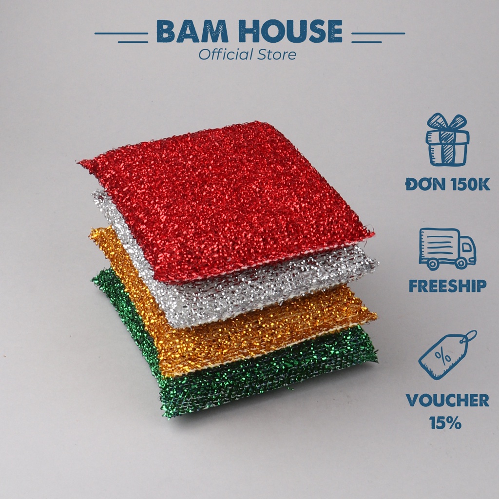 Bộ 4 miếng rửa chén kim tuyến Bam House đa năng siêu sạch cao cấp BRH01
