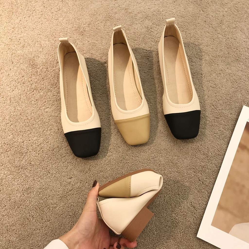 Giày Búp Bê Gót Thấp Mũi Vuông Bằng Da Mềm Thời Trang Mùa Hè Cho Nữ