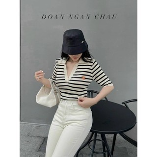 Áo kiểu croptop sọc cổ bẻ chữ x ts