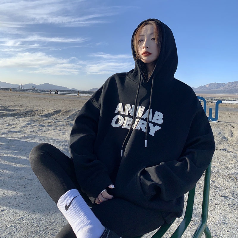 Áo Hoodie Nữ Dáng Rộng Thêu Chữ Phong Cách Hàn Quốc