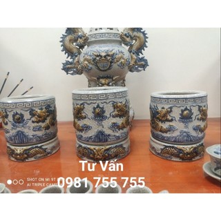 Bát hương thờ cúng men rạn đắp nổi song long chầu nguyệt - rồng